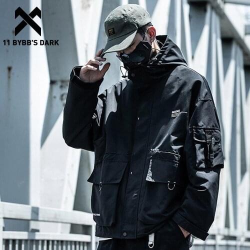 11 BYBBS DARK Hip Hop Solid Multi Pockets Men Hooded Cargo Jackets Harajuku Streetwear Tops Overcoats Casual Cotton Male Coats