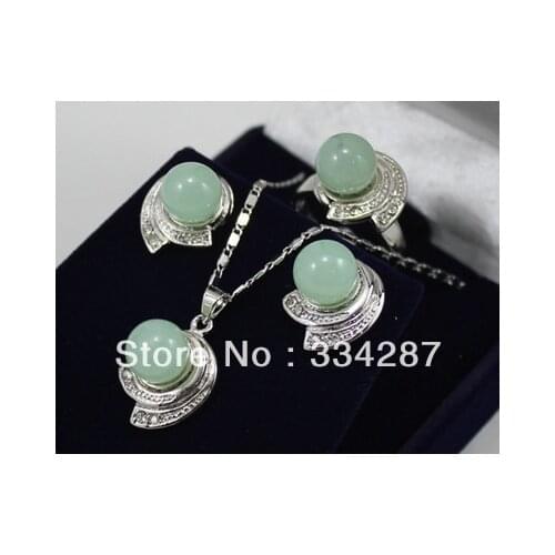 Latest 10mm light green jade bead earring pendant ring(#7,8,9 ) set