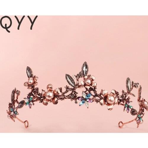 QYY Crystal Crown Rhinestone Rose Gold Color Tiaras and Crowns Hair Jewelry Accessories for Women Party Headpiece Headwear Gift