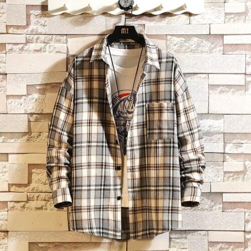 Brand 2021 Spring Autumn Long Sleeves New Flannel Collar Korea STYLE Shirt For Mens Plaid Harajuku Clothing