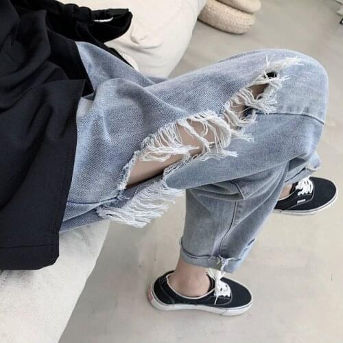 Ripped jeans mens straight loose-fitting trend Korean version of the summer thin nine-point wide-legged pants