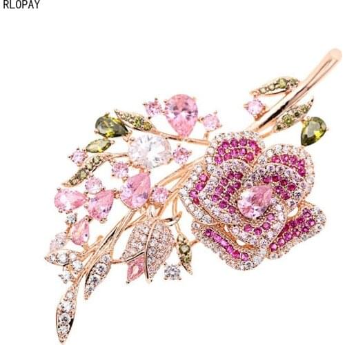Korean Luxury Style Rose Brooch Ladys Suit Coat Flower Pin Fashion Zircon Corsage Accessories Arabic Hijab Pins Gold