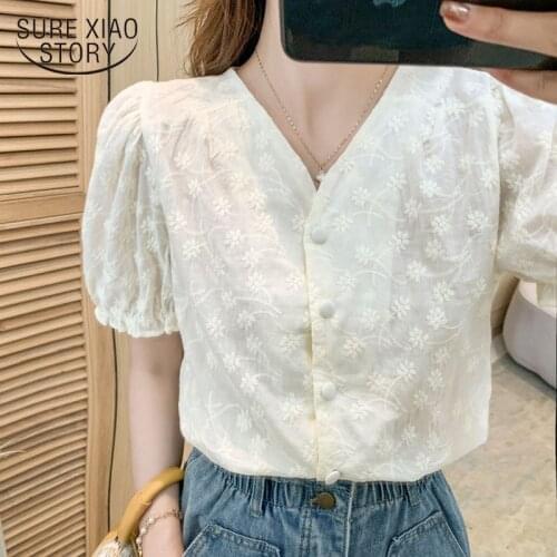 Summer Lace Embroidery Shirt Ladies Korean V-Neck Puff Sleeve Floral Blouse Women New French Style Loose White Female Tops 15264
