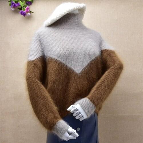 Women fashion basic winter clothes turtleneck warm angora rabbit fur knitted cashmere double pullover long sleeve sweater