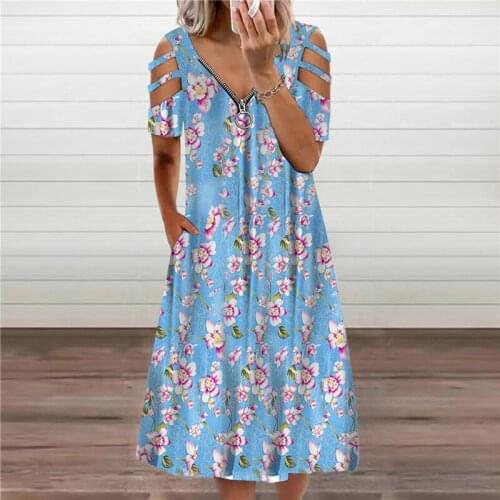 Robe mi longue femme Summer short sleeve zipper v-neck floral print midi dress Casual dresses for women 2021 plus size 4xl 5xl