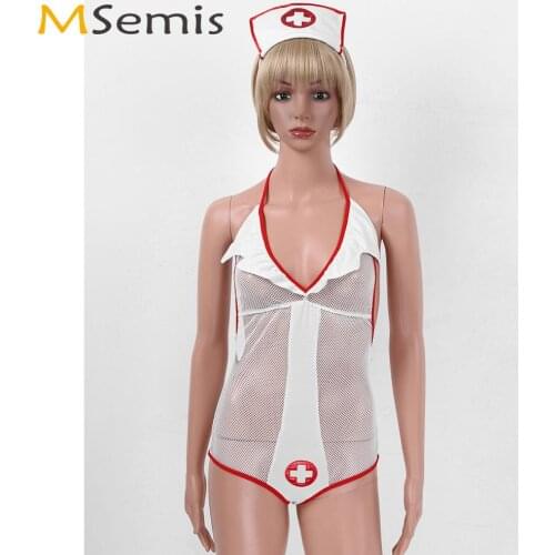 Womens Sexy Sheer Lingerie Set Naughty Cosplay Sissy Costume Clubwear Erotic Backless Transparent Fishnet Bodysuit with Headband