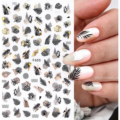 1pcs Black Laser Gold Autumn Leaf 3D Nail Sticker Coconut Tree Leaf Pattern Adhesive Transfer Sticker Shiny DIY Nail Decoration