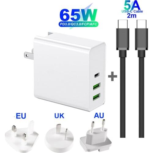 3 Port 65W Type-C USB-C Power Adapter, 1 port PD Charger For Laptops MacBook Pro / Air iPad Pro, 2 port USB for Samsung iPhone