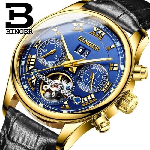 Switzerland Brand BINGER Men Self-Wind Waterproof Full Steel Automatic Mechanical Male Luminous Fashion Tourbillon Wristwatches