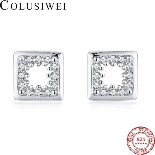 Colusiwei Brand Twinkling Zircon Hollow Out Geometric Square 925 Sterling Silver Stud Earring for Women Wedding Original Jewelry