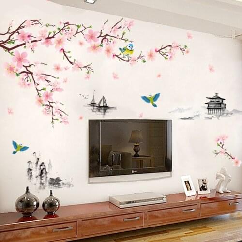 DIY Large Ink Painting Peach Blossom Chinese Style Wall Stickers Living Room Background Decoration Landscape Scenery Posters