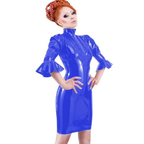 Women Flare Sleeve Bodycon Dress Wet Look Shiny PVC Faux Latex Package Hip Clubwear Plus Size Women Pole Dance Zipper Dress 7XL