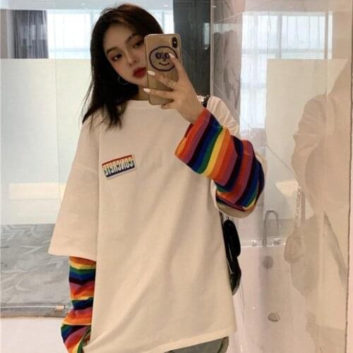 Cotton Rainbow Kawaii T Shirt Women 2020 New Spring Long Sleeve Harajuku Tees Casual Student Tops Stripe Oversized Clothes PD004
