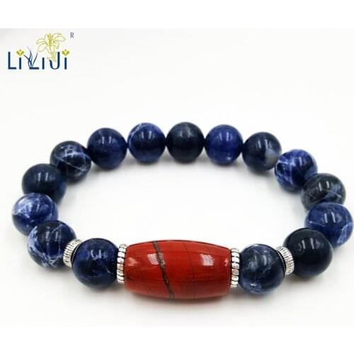 LiiJi Unique Natural Stone Blue Sodalite 12mm Red Jaspers Charm Fashion Men Bracelet Approx 21cm/8.25inches
