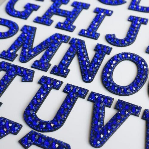 A-Z Royal blue Rhinestone English Letter Alphabet Sew Iron On Patch Badge 3D Handmade Letters Patches Bag Hat Jeans Applique DIY