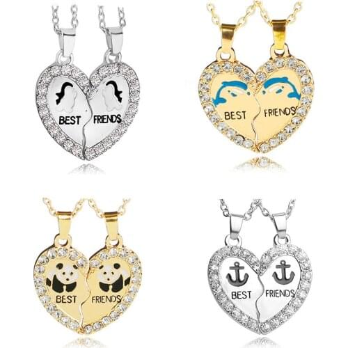 Trendy 2pcs set Best Friends BFF 2 Part Broken Heart Pendant Animal Panda Penguin Anchors Dolphin Crystal Necklace Friendship