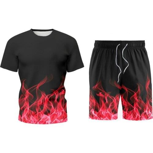 3D Digital Fashion Print Men Tracksuit Drawstring Two Piece Summer Flame Print T-Shirt Shorts Suit Activewear Running Hot