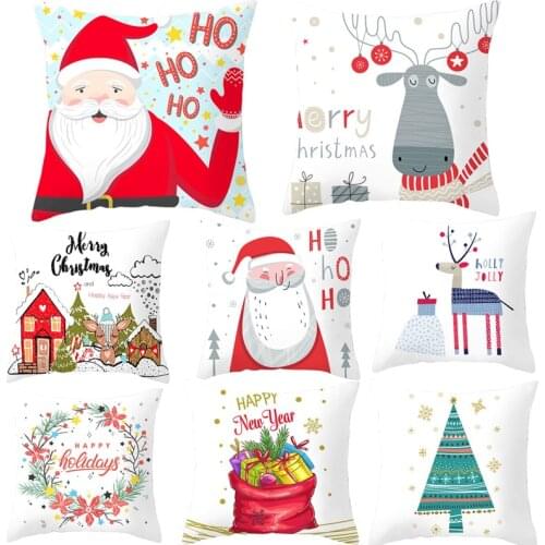 6 Pc Christmas Peach Velvet Throw Pillow Case Cartoon Santa Xmas Tree Reindeer Print Decorative Cushion Cover For Baby Home Sofa