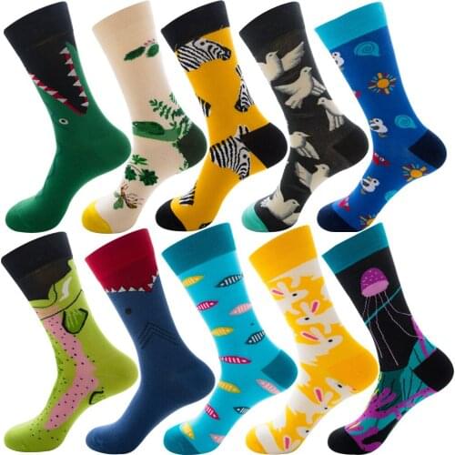 DOIAESKV 10 Pairs/lot Mens Happy Socks Graffiti Animals Sea Food Socks Men Combed Cotton Calcetines Largos Hombre Wholesales