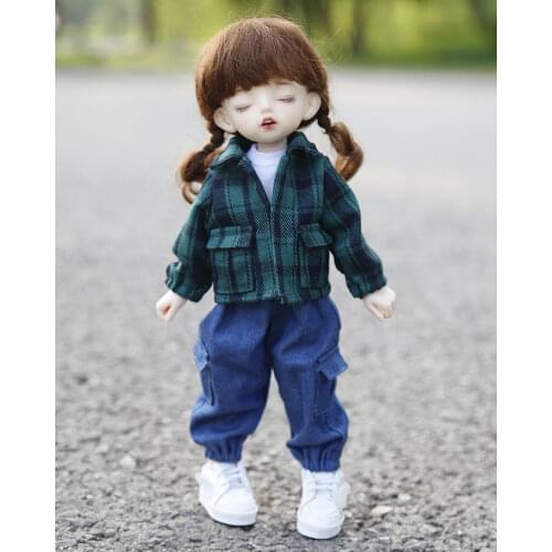BJD doll clothes suit suitable for 1-6 size YOSD plaid shirt daily pocket overalls 3-piece suit doll accessories