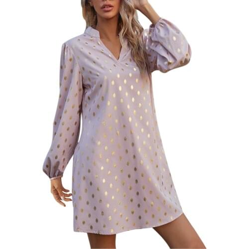 Womens Dress Polka Dot Printing Sexy V-neck Long Sleeve Dress Loose Puff Sleeves Femme Robe Comfy A-line Oversized Sukienka