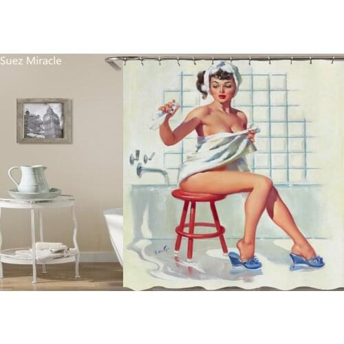 Poster Style Retro beauty nude Bathing decor waterproof Bathroom colorful Shower curtain