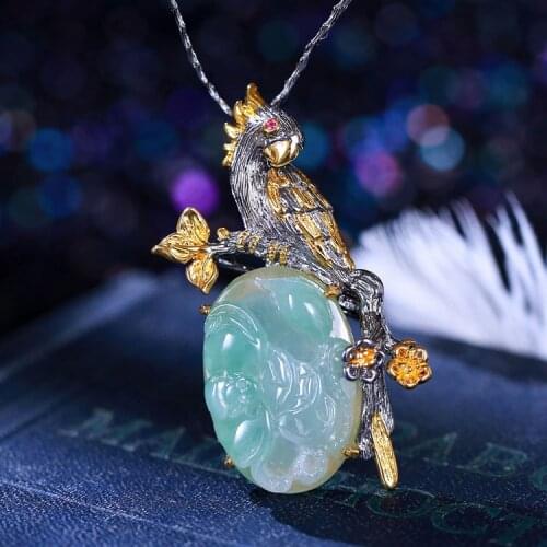 S925 Sterling Silver Jade Pendant And Brooch Dual-use Parrot Handmade Men And Women Italian Craft Retro Thai Silver Jewelry