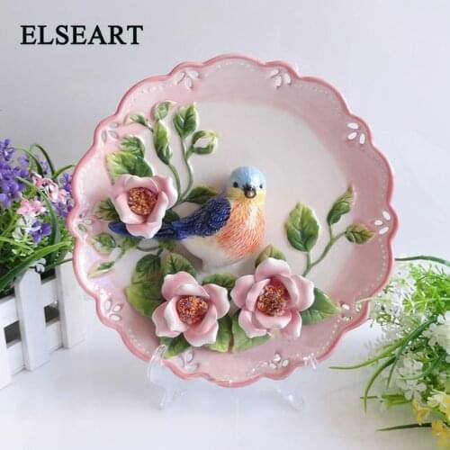 Stereoscopic pink flowers and bird dish for home decorations hung on walls plates porcelain