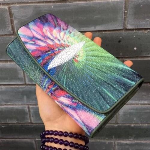 Thailand Authentic Exotic Stingray Skin Female Large Trifold Wallet Genuine Leather Lady Green Clutch Purse Womens Card Holders