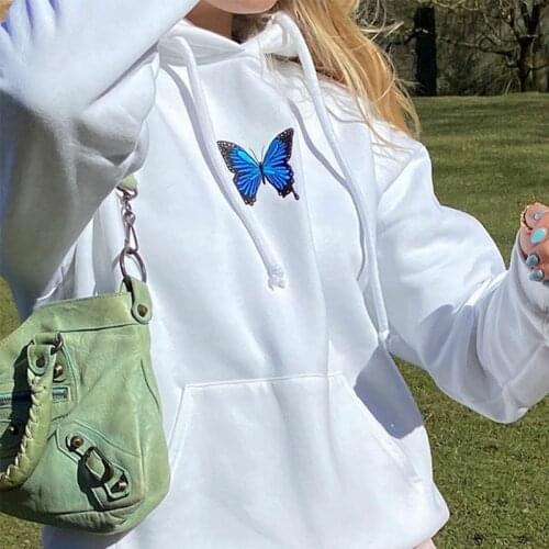 Woman sweatshirts embroidery blue butterfly pattern white color loose casual long sleeved autumn hoodie women sudaderas