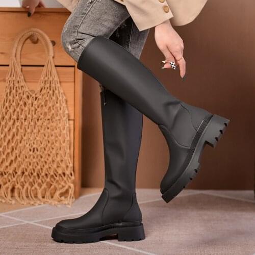 Za New Womens Long Boots Autumn Winter Chelsea Boots Leather Plush Chunky Heels Platform Boots Fashion Ladies Shoes Ankle Boots