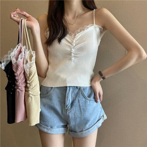 Women Corset Tops Summer 2021 Knitted Camisole Womens Lace Lace-Collared Blouse Tank Camis Crop Top For Women