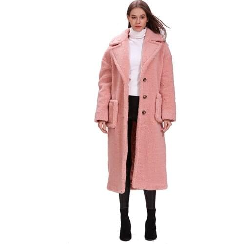 Winter thick and warm 3 row buttons with pocket pink oversize X-long teddy coat