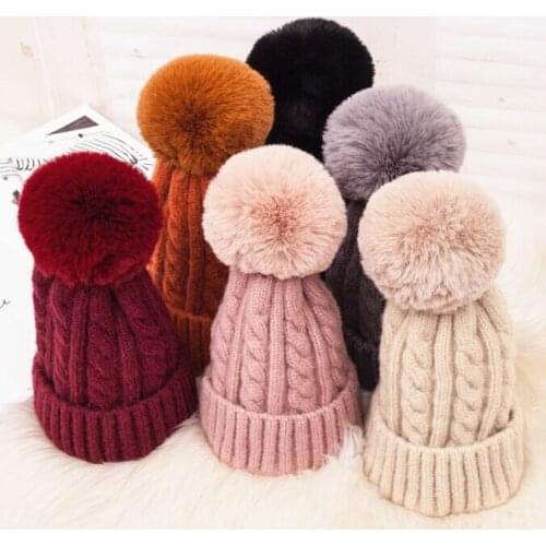 Winter Women Wool Knitted Skullies Beanies Cap Faux Fur pompom Knitting Hat Gorros
