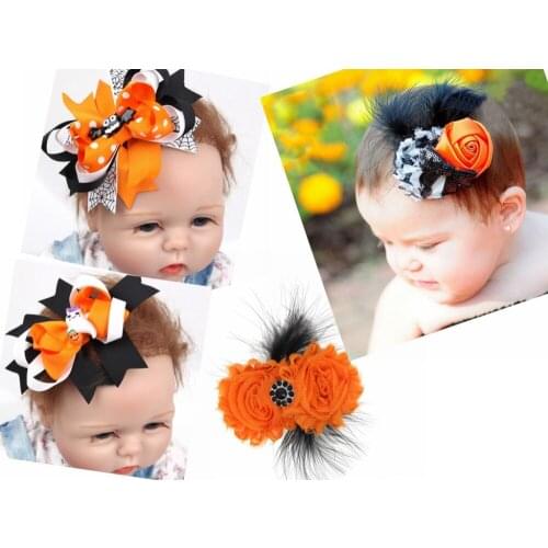 10pcs girl 5" Halloween carnival hair bows clip feather crystal bat spook cartoon pumpkin Elastic Hair Band bobbles WS025
