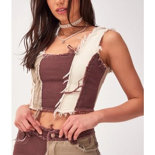 2021 Women Punk Style Colorblock Tank Tops Women Slim Fit Denim Vest Ladies Fashion Party Club Sexy Cropped Top Female