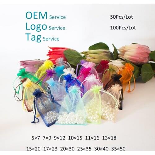 Big Size 100Pcs Multi Color Organza Bag For Jewelry Packing Drawstring Organza Pouch For Wig Lash Cosmetics Can Customized Logo
