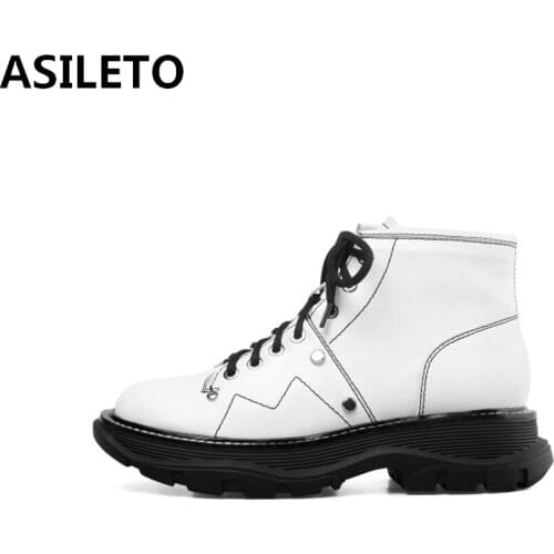 ASILETO Spring Autumn Women Ankle boots Round Toe 5cm square heels PU Lace up Big size 34-39 Black White Causal Date S1926