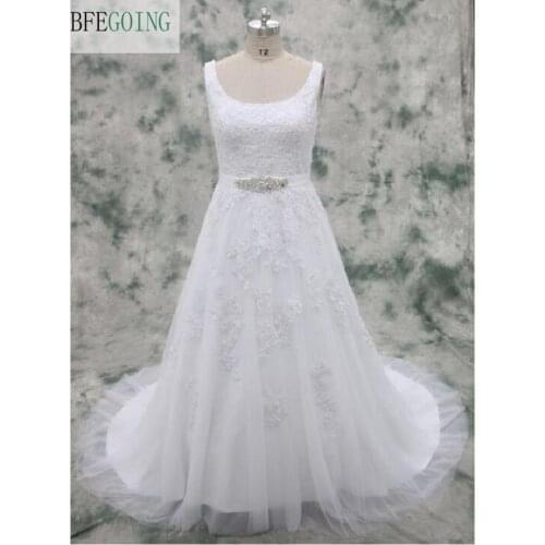 White Tulle Lace Appliques Floor-Length A- line Wedding dress Chapel Train Lace up Beading Bridal Gown Custom made
