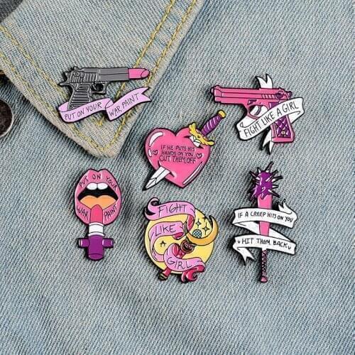 Pink Cartoon Feminism Enamel Pin Lipstick Magic Wand Pistol Mace Brooch for Women Friends Gift Backpack Denim Shirt Accessories