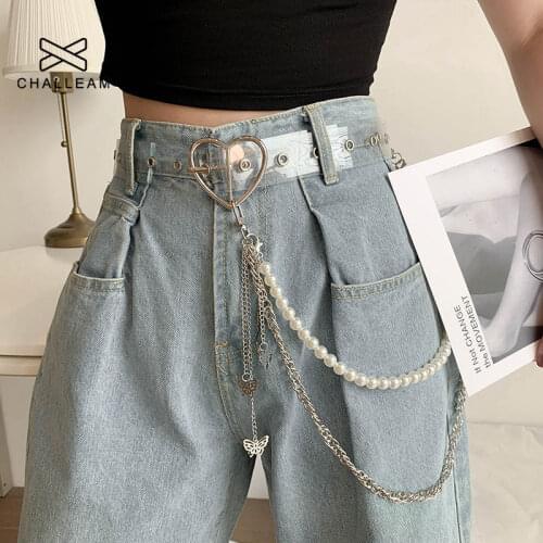Butterfly Pearl Chain For Pant Hip Hop Punk Silver Metal Key Chain Belts On Jeans Resin PVC Heart Transparent Belt Keychain x273