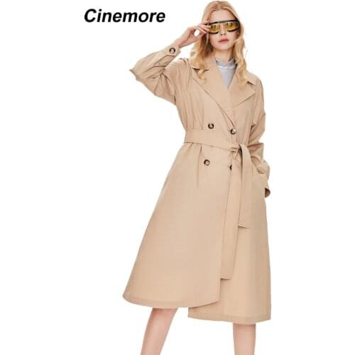 Cinemore New Spring Autumn Womens Jacket Trench Coat Long Cotton Double Breasted Lapel Belt Button Retro Windbreaker 92231