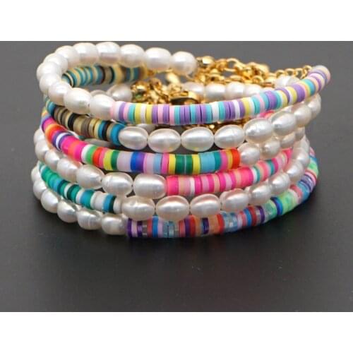 Go2Boho Women Jewelry Polymer Clay Summer Beach Freshwater Baroque Pearl Bracelet Heishi Beads Bracelets Stainless Steel Chain