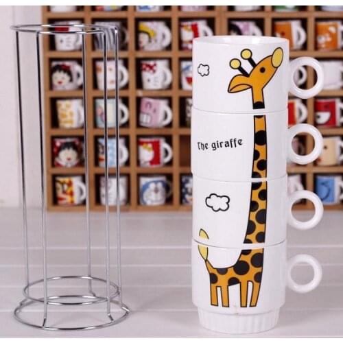 3D Animal Creative Giraffe Cup Hand-painted Ceramic Coffee Tea Milk Mugs Include 4 Cups and 1 Iron Shelves