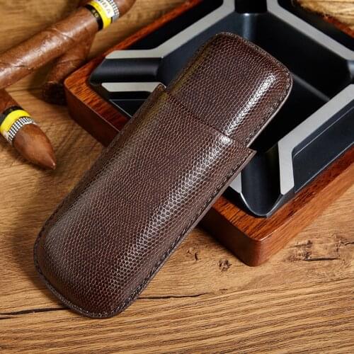 LUXFO Portable Leather Cigar Case Cedar Wood 2 Tubes Holders Mini Case Travel Cigars Accessories With Gift Box for COHIBA Cigar