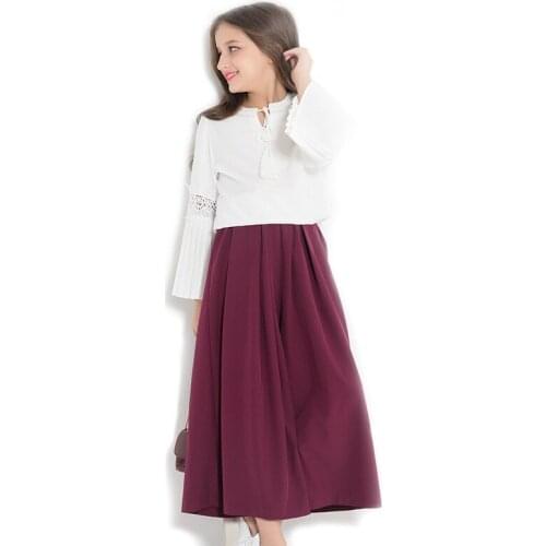 Fashion Girl Skirt Set Cotton Chiffon Autumn Winter Childrens Clothing White Hollow Long-sleeve Shirt + Purple Skirt 2pc Sets