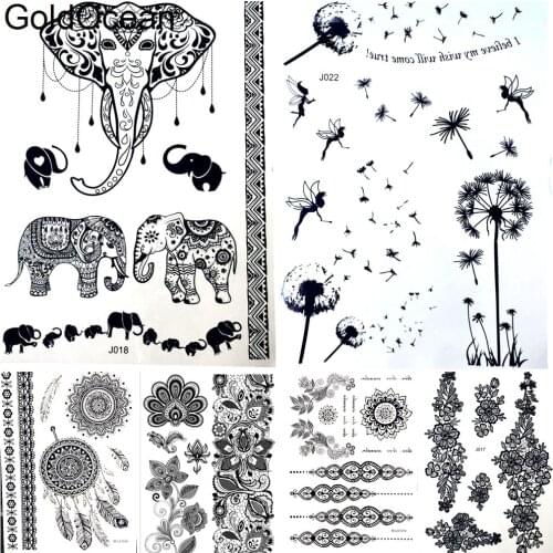 Ganesha Pandents Black Henna Tattoo Stickers Dandelion Angel Bird Body Arm Art Temporary Tattoo Women Party Fake Tatoo Decals