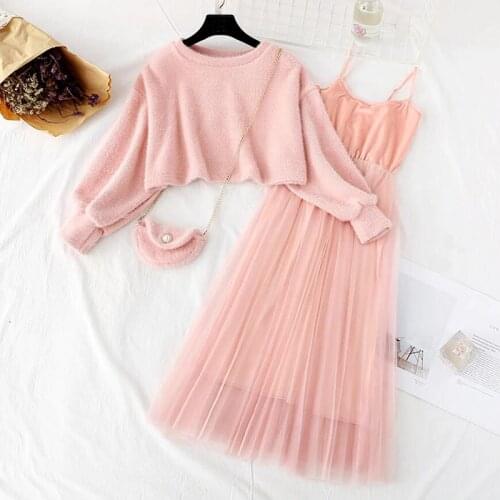 Autumn Winter Suit Women Dress Two Piece Set Casual 0-Neck Sweet Sling Mesh Midi Dress Long Sleeve Elegant A-line Vestidos