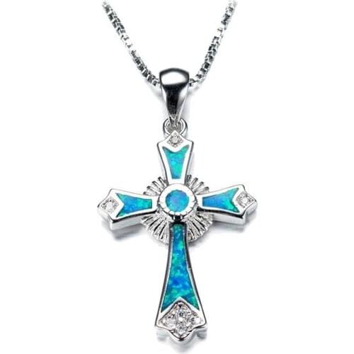Fashion Women Necklace Fire Opal Cross Pendants Wedding Anniversary Crystal Classic Jewelry Accessories