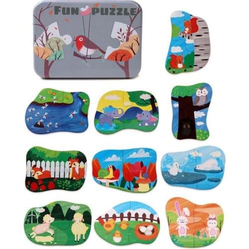 2020 New 10in1 Toddler Fun Cartoon Animals Parent-child puzzle Jigsaw Early Educational Toy Wooden Puzzle Game Box For Kid Gift